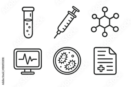 Biotech Icon Set. Medical Biotechnology set of icons in doodle hand-drawn vector style. test tube, syringe, molecular compound, heartbeat monitor, bacteria culture, lab report