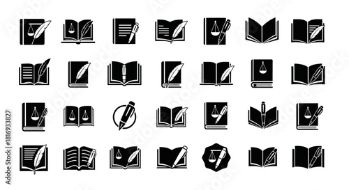 Collection of minimalistic icons representing law, education, and writing themes