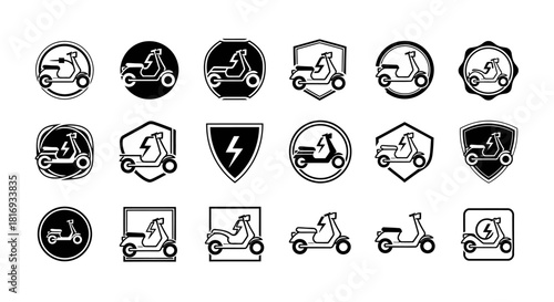 Collection of electric scooter logos in various shapes and designs with a bolt symbol, clean icons