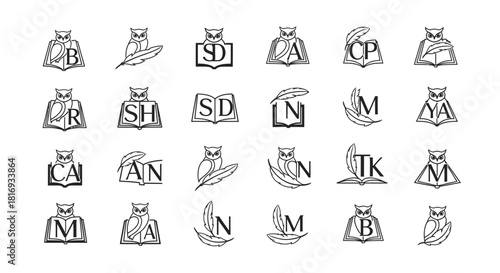 Collection of wise owl logos perched on books for diverse brand identities