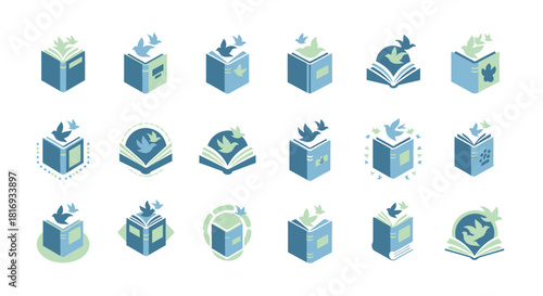 Collection of creative logo designs featuring open books and birds in flight blue tones