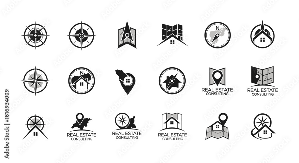 Fototapeta premium Collection of minimalist real estate logos featuring compasses, maps, and homes