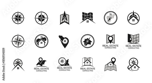 Collection of minimalist real estate logos featuring compasses, maps, and homes
