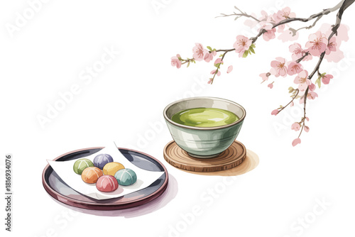 Japanese tea ceremony with colorful mochi and cherry blossoms