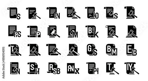 Diverse legal documentation vector icon set, symbolizing regulatory oversight and judicial