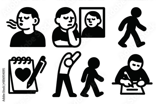 Inner Renewal Icons. Inner renewal actions silhouette icon set: deep breath, reflection moment, letting go gesture, mindful pause, gratitude note, slow stretch, quiet walk