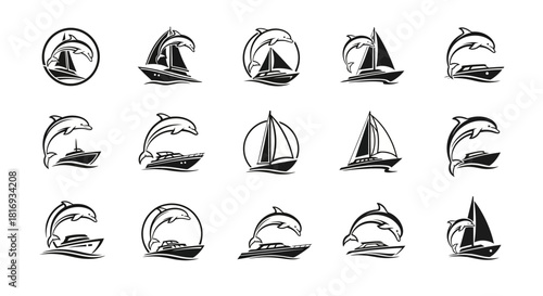 Collection of nautical themed vector icons featuring boats yachts and playful dolphins