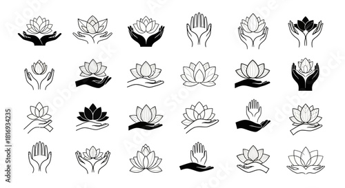 Elegant collection of lotus flower illustrations cradled in gentle hands expressing serenity and