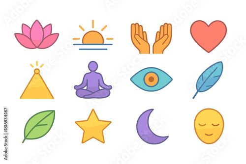 Spiritual Awakening Icons. Spiritual Awakening flat icon set: lotus flower, sunrise, open hands, heart, light beam, meditation figure, eye symbol, feather, leaf, star, moon, calm