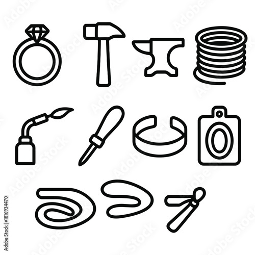 Metalwork Tools Icons. Metalwork Artistry linear icon set. gold ring, hammer, anvil, metal wire, soldering torch, engraving tool, bracelet, pendant mold