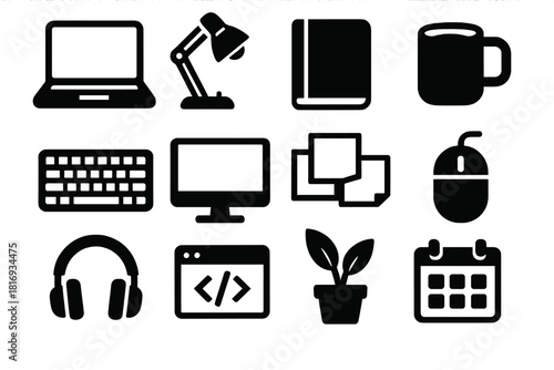 Brutalist Workspace Icons. Developer workspace silhouette icon set. laptop, desk lamp, notebook, coffee mug, keyboard, monitor, sticky notes, mouse, headphones, code window, plant