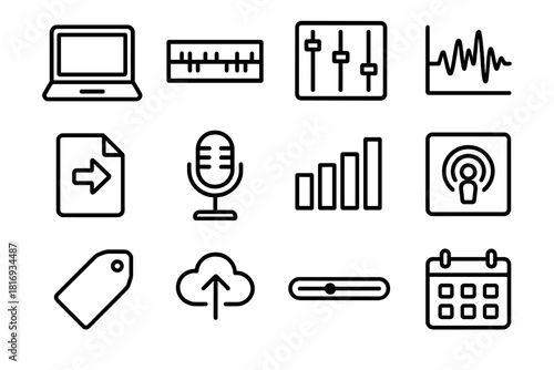Podcast Production Icons. Podcast Production linear icon set: laptop, editing timeline, fader control, waveform chart, export file, mic stand, sound levels, podcast cover art, tag