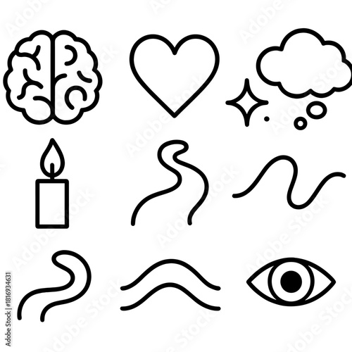 Symbols of Intuition. Intuitive Thinking linear icon set. brain, heart symbol, spark trail, cloud thought, candle flame, path curve, wave line, eye symbol
