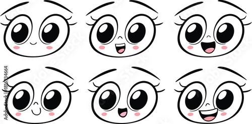 Six cartoon vector faces displaying various emotions with white eyes and pink mouths on a black background