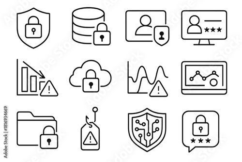 Cybersecurity Icons. Digital Security Framework linear icon set: cyber shield, encrypted database, access control card, risk assessment chart, secure cloud, anomaly detection wave