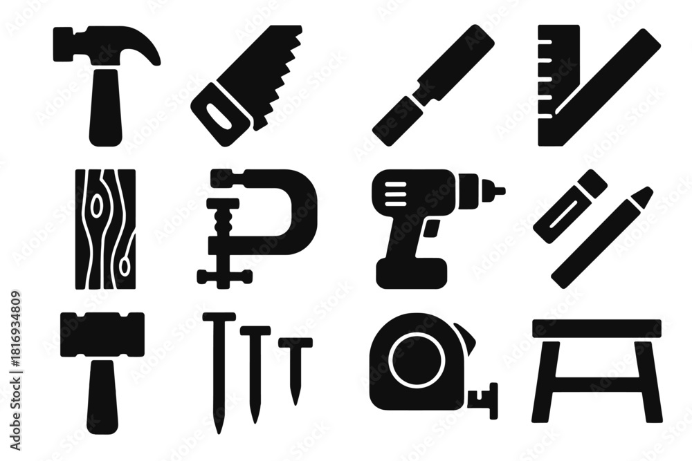 Fototapeta premium Brutalist Carpentry Icon Set. Carpentry Tools silhouette icon set. hammer, saw, chisel, ruler, wood plank, clamp, drill, pencil, mallet, nails, tape measure, workbench