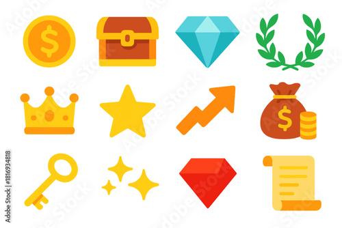 Vibrant Prosperity Icons. Symbols of Prosperity flat icons set. gold coin, treasure chest, diamond, laurel wreath, crown, star, upward arrow, bag of coins, key, sparkle, gem