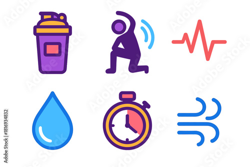 Post-Workout Recovery Icons. Post-Training Recovery Set flat icon set: protein shake, cooldown figure, pulse line, hydration drop, recovery timer, soft breath lines