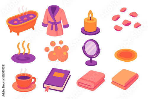 Isometric Bath Essentials. Evening Self-Care Bath flat icons set. bathtub, robe, candlelight, rose petals, hot water, bubbles, mirror, tea cup, journal, towel, cozy rug, soft glow