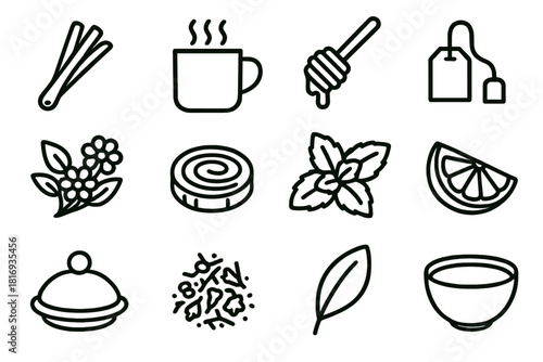 Herbal Infusion Icons. Soothing Herbal Infusions linear icon set: lemongrass stalk, mug with steam, honey dipper, teabag tag, flower mix, wooden coaster, mint bunch, lemon wedge