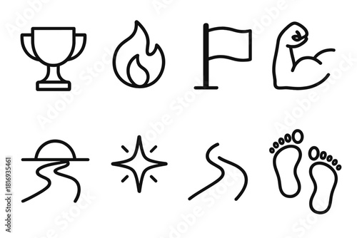 Icons of Achievement. Persistence & Courage linear icon set: trophy, flame, flag, muscle arm, path curve, shining star, footprints, horizon