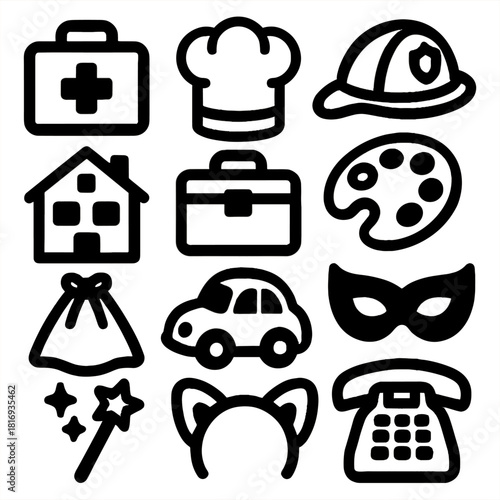 Pretend Play Icons. Pretend play silhouette icon set: doctor kit, chef hat, firefighter helmet, artist palette, dollhouse, toolbox, toy car, costume mask, cape, magic wand, animal