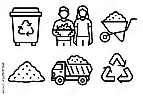 Community Compost Icons. Community Compost linear icon set. collection bin, people, wheelbarrow, soil, truck, recycling sign
