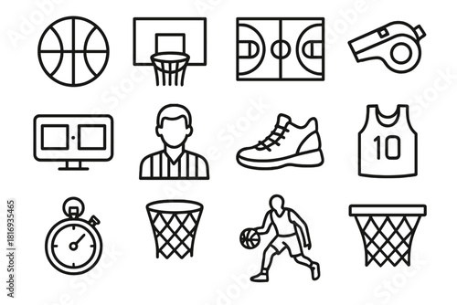 Basketball Icon Set. Basketball linear icon set: basketball, hoop, court, backboard, whistle, scoreboard, referee, sneakers, jersey, stopwatch, net, basketball player