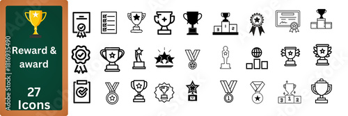 Collection of award and trophy icons representing achievement success and recognition isolated on transparent background