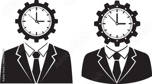 Two businessmen with clock gears for heads silhouette