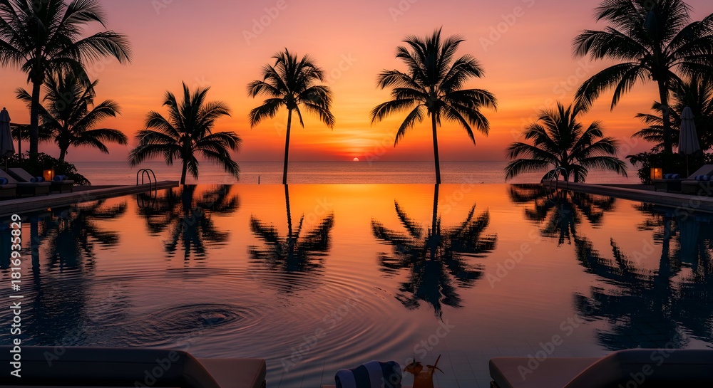 Obraz premium Tropical sunset over calm water with silhouetted palm trees, paradise coastal photography