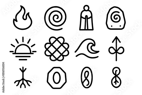 Mythic Iconography Montage. Mythic Symbol Storytelling linear icon set: flame motif, spiral path, guardian figure, ancient stone, rising arc, harmony knot, transition wave, destiny
