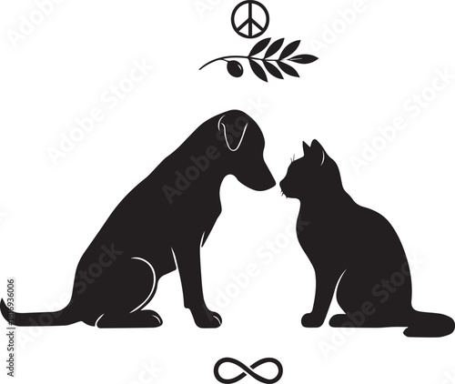 Silhouette of a dog and cat sharing a peaceful moment with symbols of love and harmony