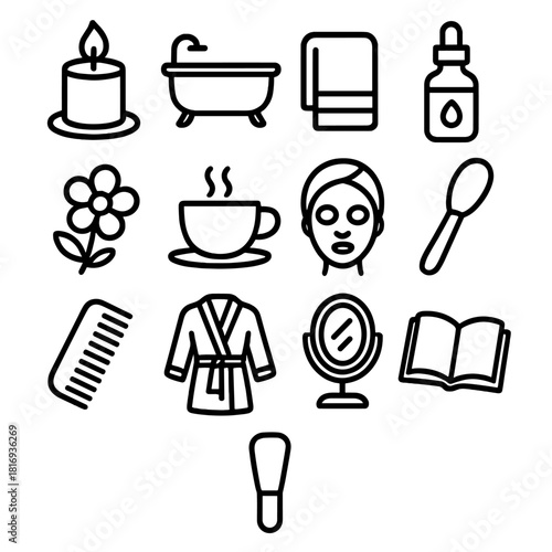 Self-Care Essentials Icons. Self-care rituals linear icon set: candle, bath tub, towel, essential oil, flower, cup of tea, face mask, brush, comb, robe, mirror, book