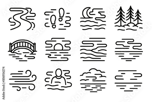 Mystery in Fog Icons. Symbolism of Fog linear icon set: mystery path, fading footprints, half-seen moon, veiled forest, hidden bridge, gentle light, layered mist, vanishing horizon