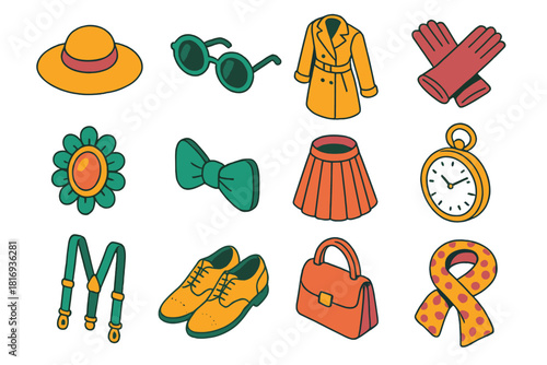 Vintage Fashion Icons. Vintage Fashion flat icon set: floppy hat, round sunglasses, trench coat, gloves, brooch, bow tie, pleated skirt, pocket watch, suspenders, lace shoes