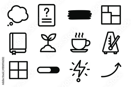 Creative Habit Icons. Habitual Creativity Tools linear icon set: brainstorm bubble, micro-challenge card, warm-up brushstroke, practice grid, creativity logbook, idea seedling