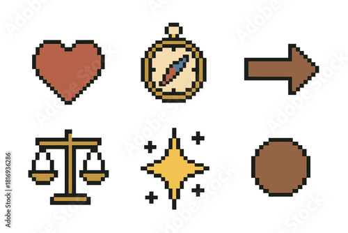 Core Values Icons. Personal Values Alignment Essentials pixel style icon set: heart symbol, compass, guiding arrow, balanced scale, clarity spark, grounded circle
