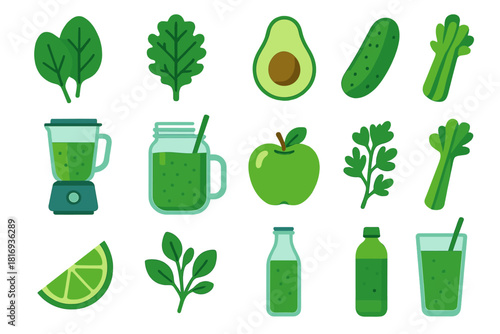 Green Smoothie Icons. Green Smoothies flat icon set: spinach, kale, avocado, cucumber, green apple, celery stalk, blender, mason jar, reusable straw, lime wedge, fresh herbs, glass