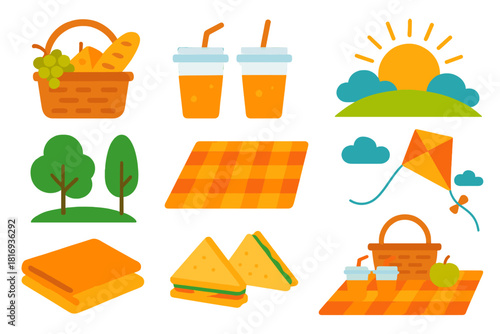 Vibrant Picnic Delight. Family Picnic Scene flat icon set: basket with food, juice cups, picnic rug, park trees, sandwiches, blanket setup, sun rays, kite in sky