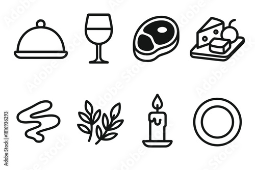 Gourmet Dining Icons. Gourmet Essentials linear icon set. cloche, wine glass, steak, cheese platter, sauce drizzle, herbs, candle, plate.