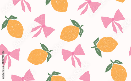 Whimsical hand drawn italian lemon seamless pattern with pink bow. Green, yellow summer print. Italy citrus floral sketch. Fruit background for wedding, packaging, wrapping paper. Trendy vector illust