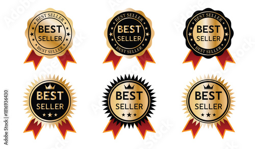 Premium Black and Gold Best Seller Badges Collection. A set of high-contrast "Best Seller" vector badges in gold and black with red ribbons. Features various starburst and scalloped edge shapes for a 