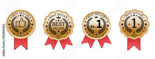 Gold Top Seller and Recommended Label Vector Set. Versatile vector set of gold "Best Seller" badges with red ribbons, including "No. 1" and "Thumbs-up" icons. The design is modern and clean, perfect f