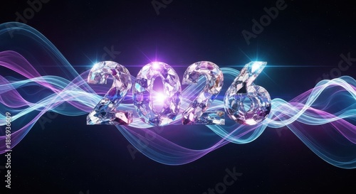 Sparkling Diamond 2026 New Year Design with Flowing Light Streaks Against Dark Backdrop