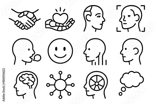 Human-AI Empathy Icons. Human-AI empathy linear icon set. handshake, robotic hand, glowing heart, face scan, speech bubble, smile icon, data stream, neural path, connection line