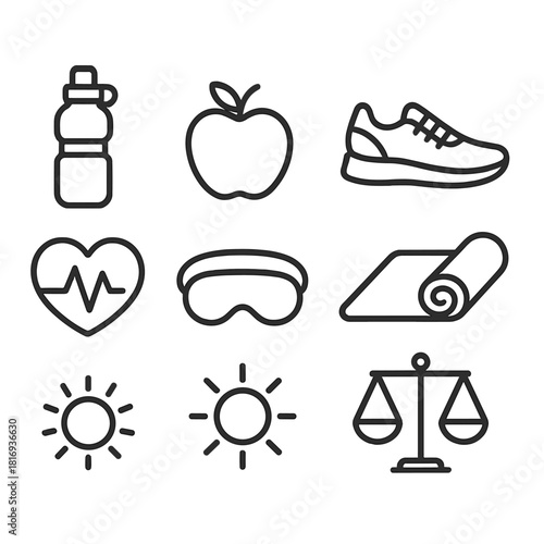 Healthy Habits Icons. Healthy habits elements linear icon set: water bottle, apple, running shoe, yoga mat, heart rate line, sleep mask, sunlight icon, balance scale