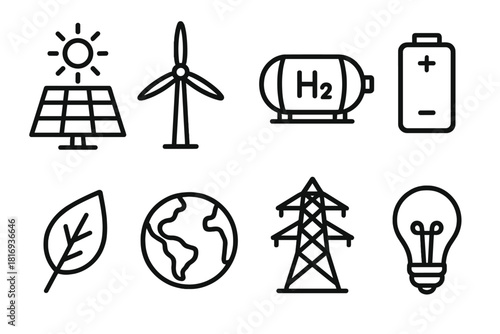 Sustainable Energy Icons. Clean Power Innovation linear icon set: solar panel, windmill, hydrogen tank, battery, transmission tower, leaf, planet, energy bulb