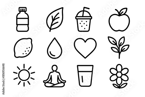 Detox Icons Collection. Detox linear icon set. water bottle, leaf, smoothie, apple, lemon, drop of water, heart, plant, sun, yoga pose, glass, flower.