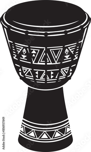 Black djembe drum with tribal pattern isolated on white background